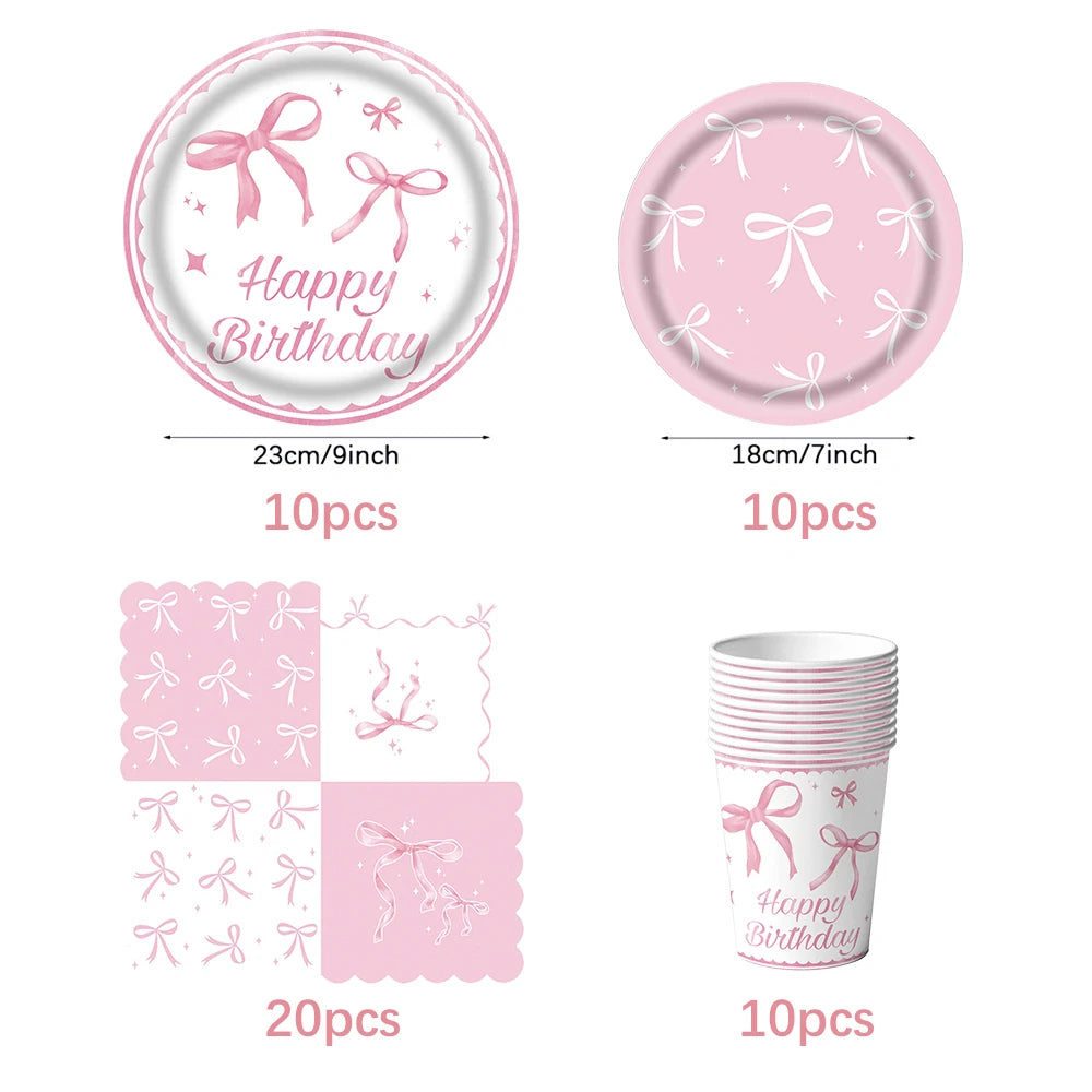 Pink bow Birthday Disposable Tableware Set Paper Plates Cups Napkins Girls Party Decoration Supplies