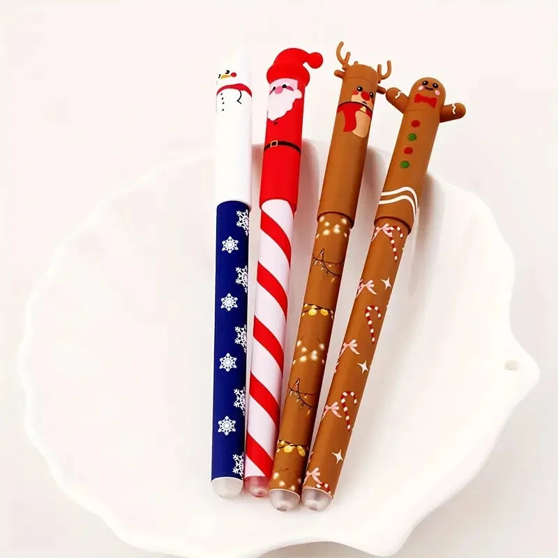 4 Types of Christmas-Themed Erasable Gel Pens Featuring Designs of Santa Claus, Snowmen Reindeer Gingerbread Erasable Pens
