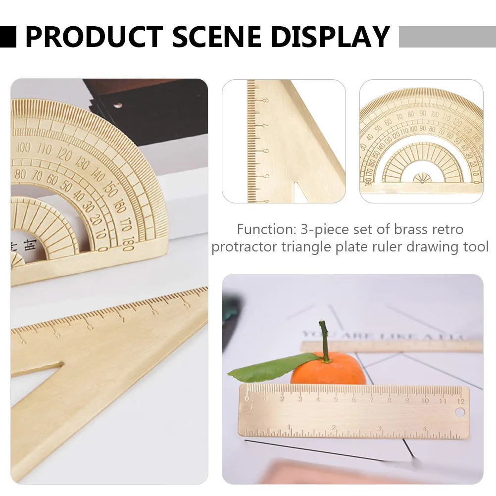 1Set Premium Brass Geometry Ruler Set Triangle Straightedge Protractor Drawing Measurement Tool Accurate Scale for Education Art