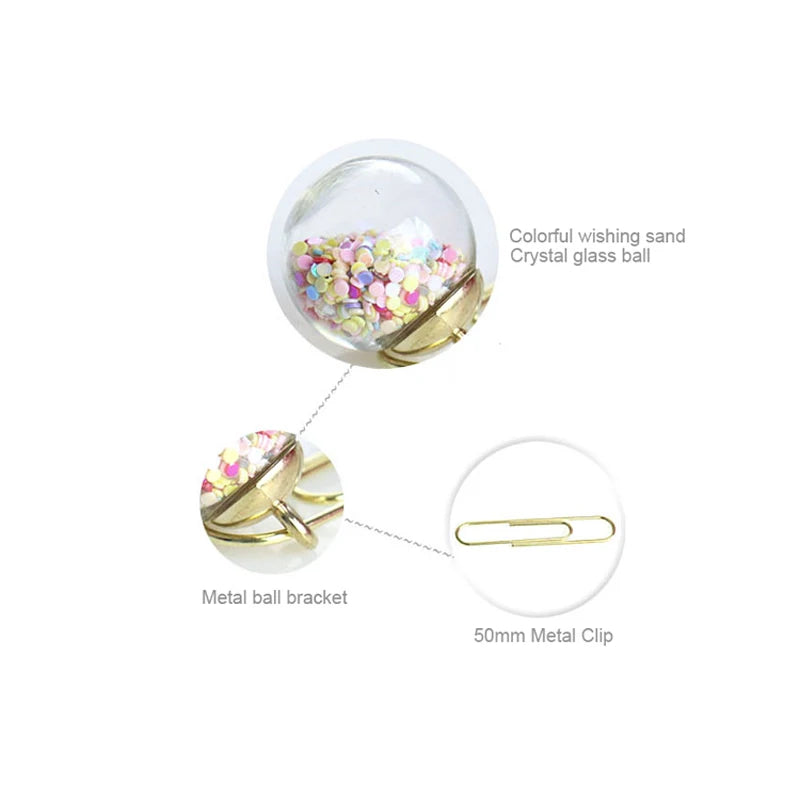 5 Pcs/Set Quicksand Crystal Ball Paper Clip DIY Metal Notes Letter File Binder Clips Bookmarks Office Desktop Storage Stationery