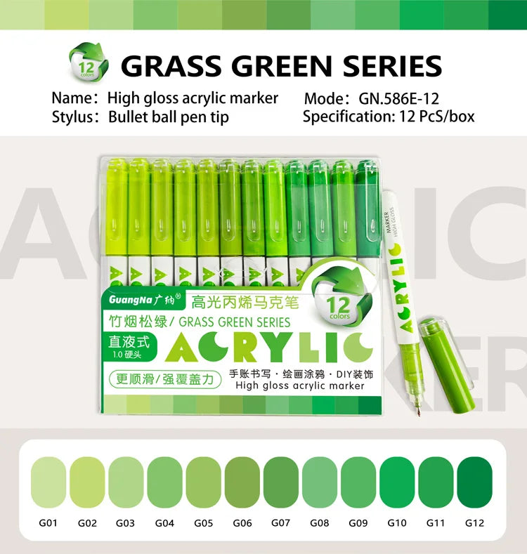 GuangNa 168/12 Colors High Gloss Acrylic Marker Pen Set,Hard Headed Drawing Pens,DIY Graffiti Paint Pen Stationery,GN.586
