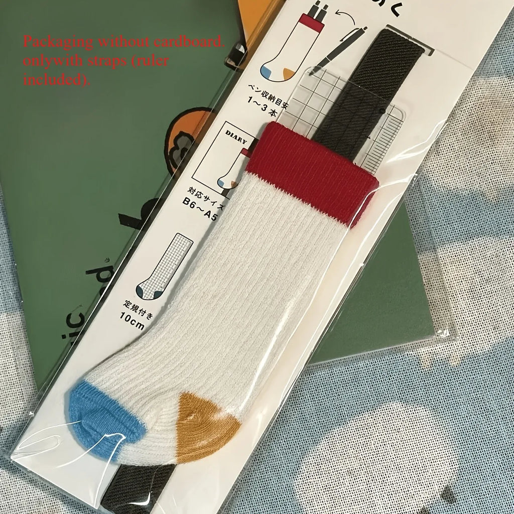 Japanese Retro Contrast-Color Sock-Style Pen Holder, Elastic Journal Binding Strap with Ruler, Portable Pen Organizer, Book Band