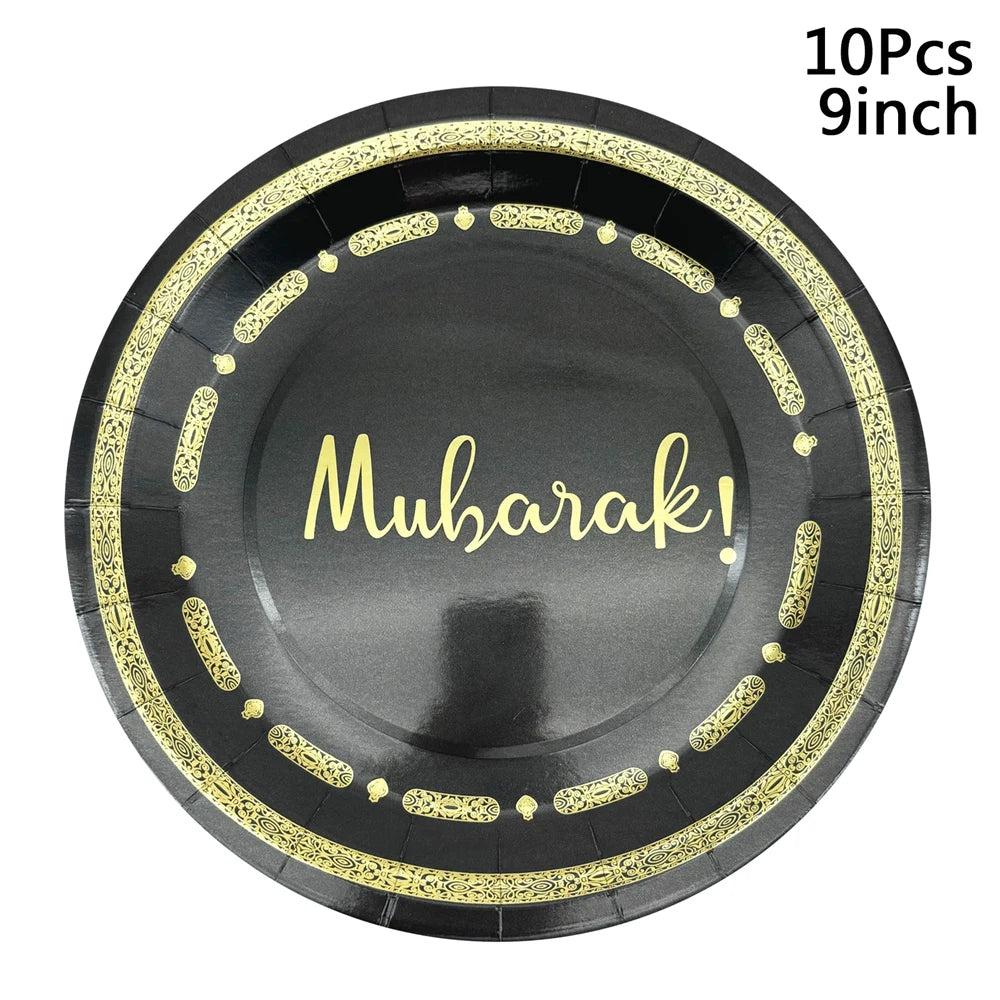 10Pcs Umrah Eid Mubarak Ramadan Party Disposable Tableware Kaaba Paper Plates Cups Napkin Muslim Islamic Eid Al-Fitr Decoration