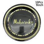 10Pcs Umrah Eid Mubarak Ramadan Party Disposable Tableware Kaaba Paper Plates Cups Napkin Muslim Islamic Eid Al-Fitr Decoration