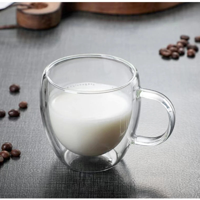 Double Layer Transparent Glass Cup High Borosilicate Glass Juice Milk Heat-Resistant Coffee Cup Round Egg Shape with Handle