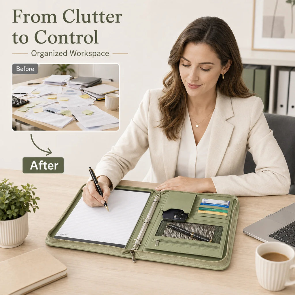 A4 Zippered Portfolio Organizer with 3-Ring Binder, Tablet Sleeve, Card Slots, Phone Pocket and Memo Pad