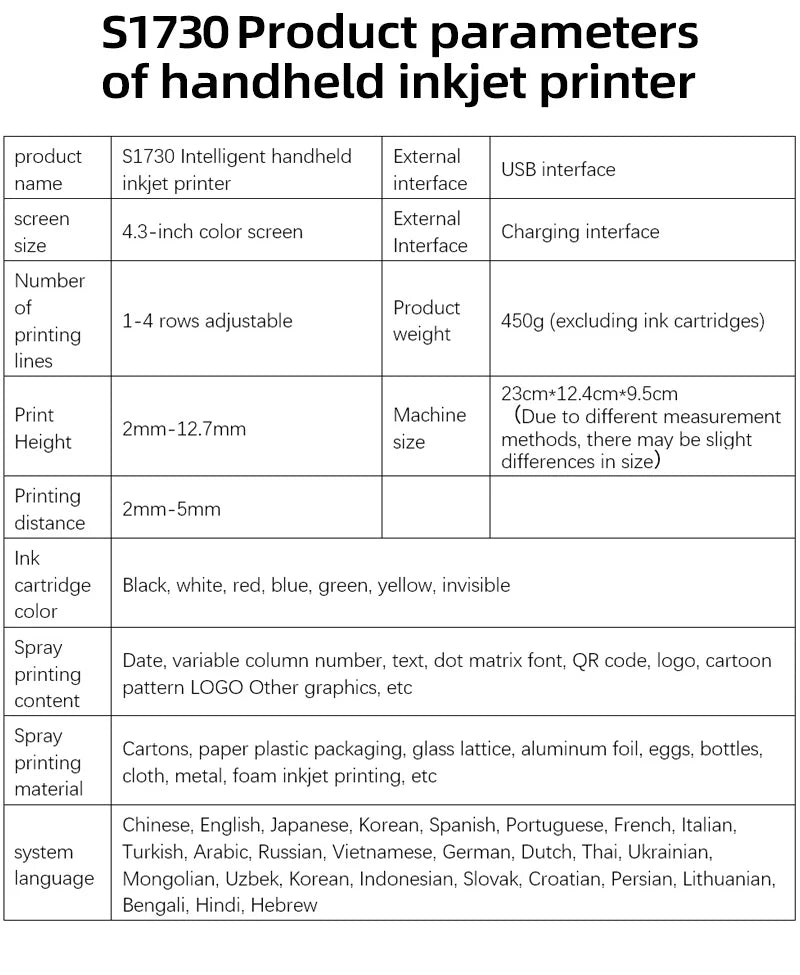 S1730  28 Language Date Number Logo Expiry Date Label Plastic Carton Hand Jet Handheld Thermal Inkjet Printer