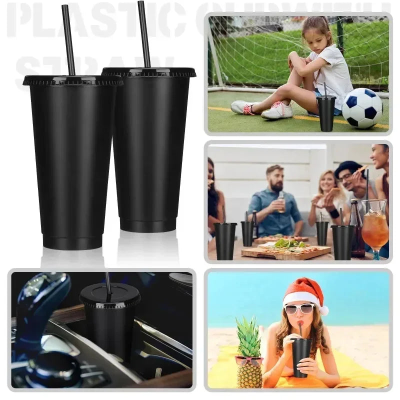5pcs 24oz PP Colorful Straw Cup Large Capacity Milk Tea Cup for Iced Coffee Cold Drinks Travel Office Party