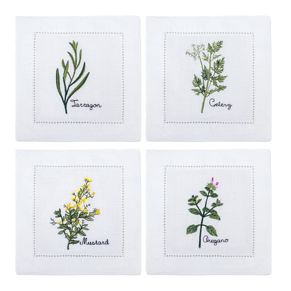 New Embroidered Herb Cocktail Napkin, Pure Linen, Lavender, Rosemary, Mint，Sage，Natural, Elegant, Tea Napkin, 15x15cm,
