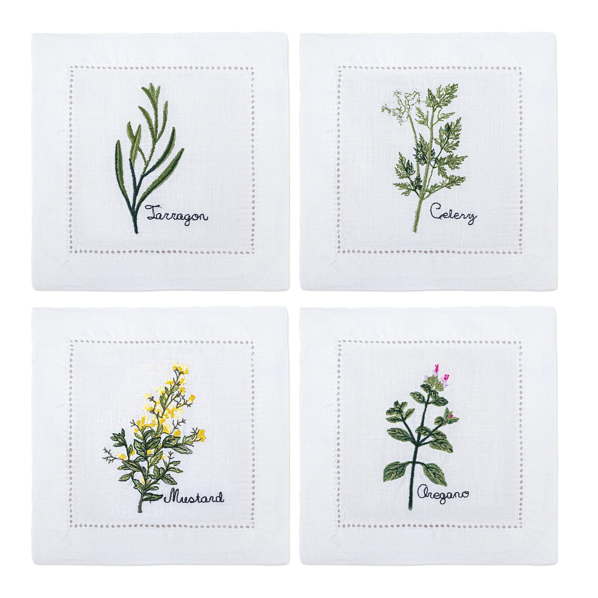 New Embroidered Herb Cocktail Napkin, Pure Linen, Lavender, Rosemary, Mint，Sage，Natural, Elegant, Tea Napkin, 15x15cm,