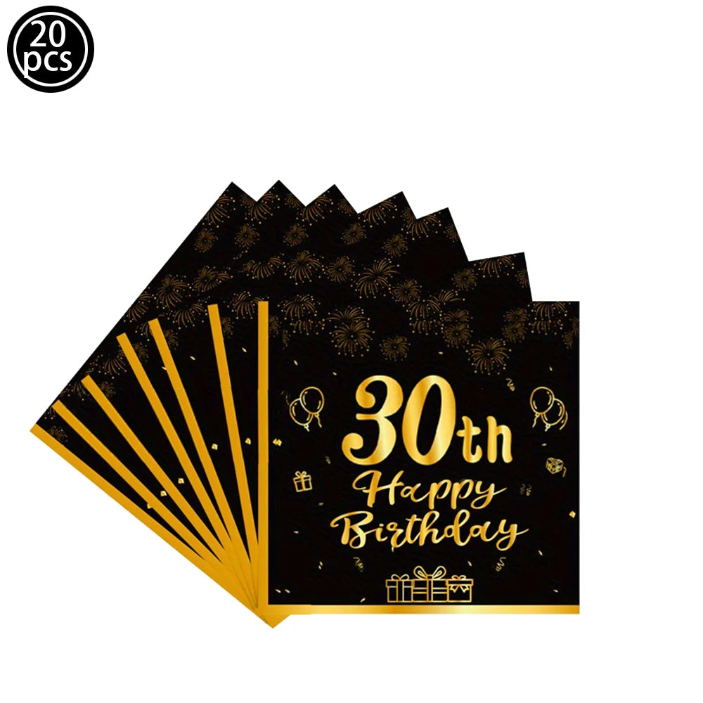 Happy Birthday 30 Year Old Disposable Tableware Black Gold Plate Tablecloth Banner For 30th Birthday Party Decorations  Supplies