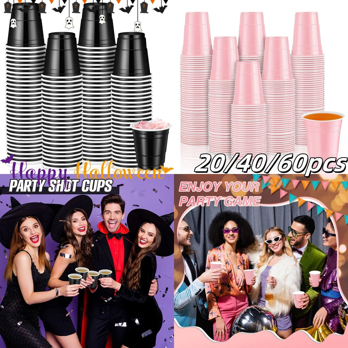 20-60Pc 2oz Mini Party Shot Cups Plastic Black Pink Disposable Birthday Party Wedding Cup for Beer Drinks Soda Punch Water Cups