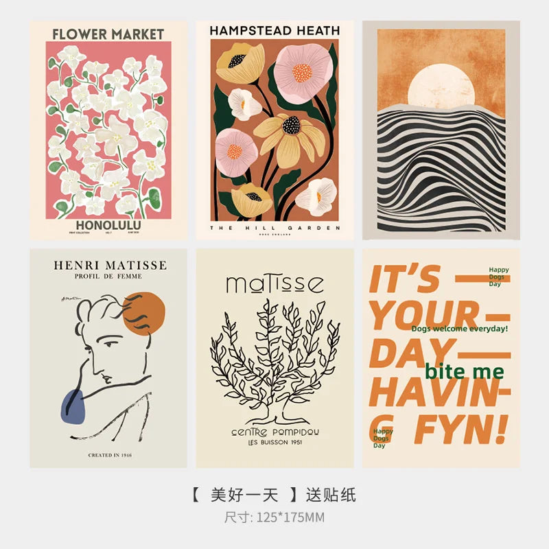 Ins Abstract Artistic Flower Postcard Vintage Aesthetic Background Wall Diy Decorative Card Photo Props With Sticker 6 Sheets