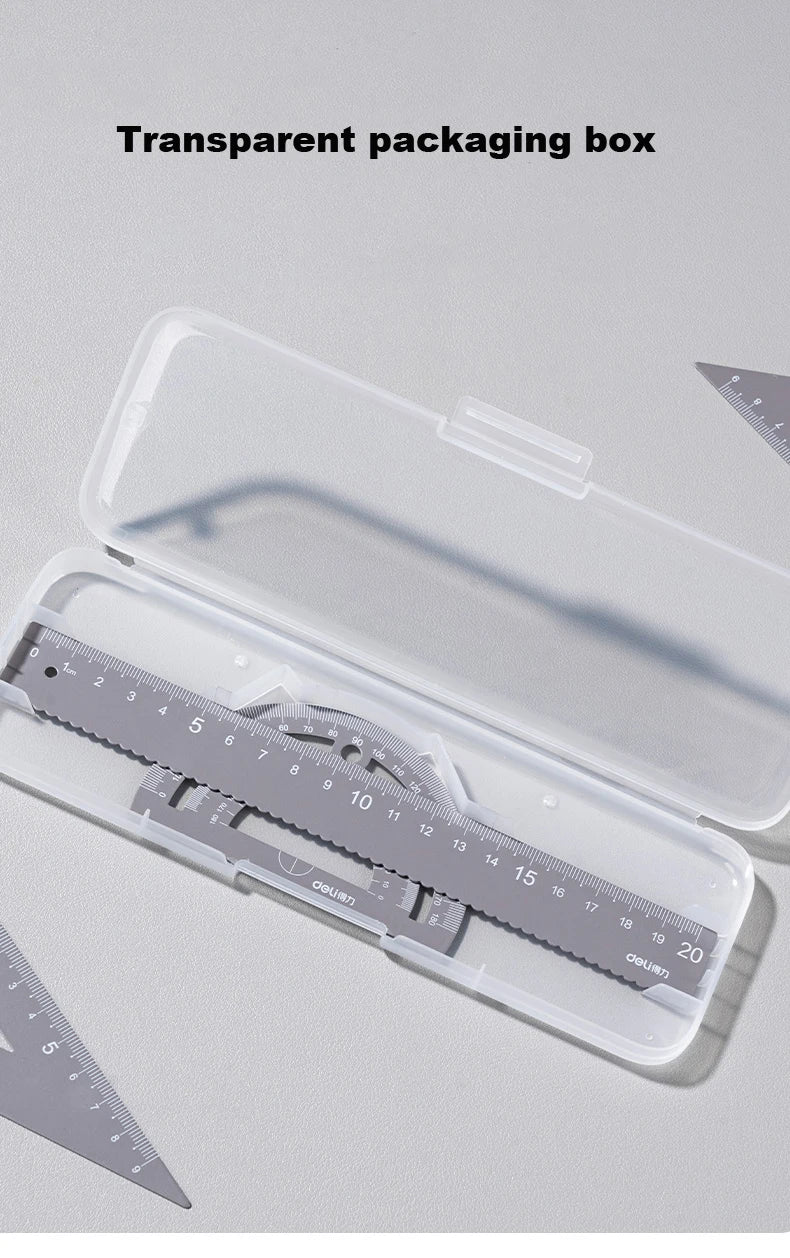 Deli 4Pcs Metal Ruler Set Multifunctional Straight Triangle Ruler Protractor Math Geometry Kit for School Kids Drawing Measuring