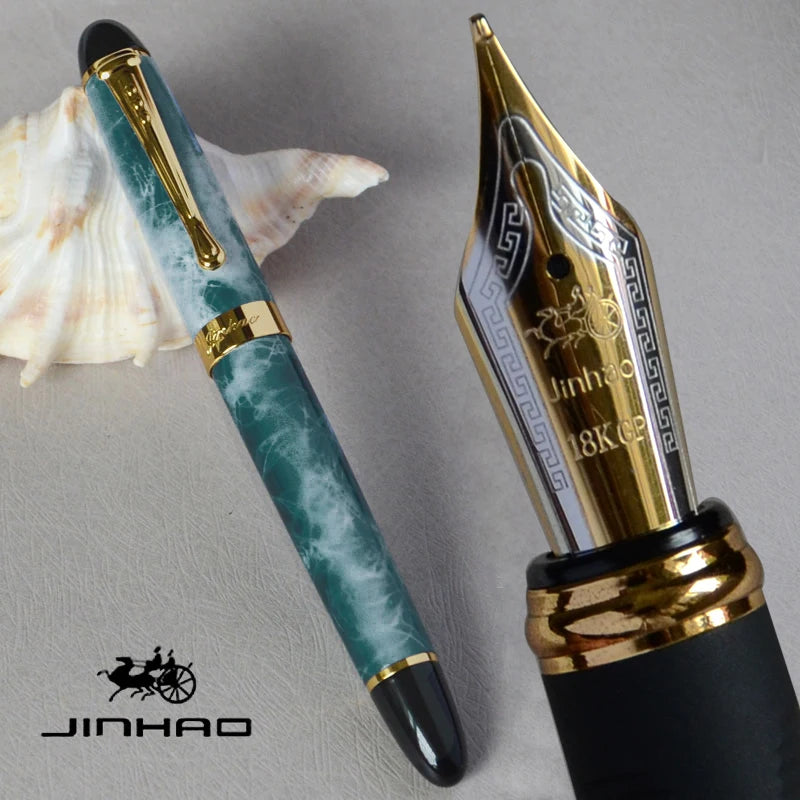 IRAURITA FOUNTAIN PEN JINHAO X450 DARK GREEN AND GOLDEN 18 KGP 0.7mm BROAD NIB FULL METAL BLUE RED 21 COLORS AND INK JINHAO 450