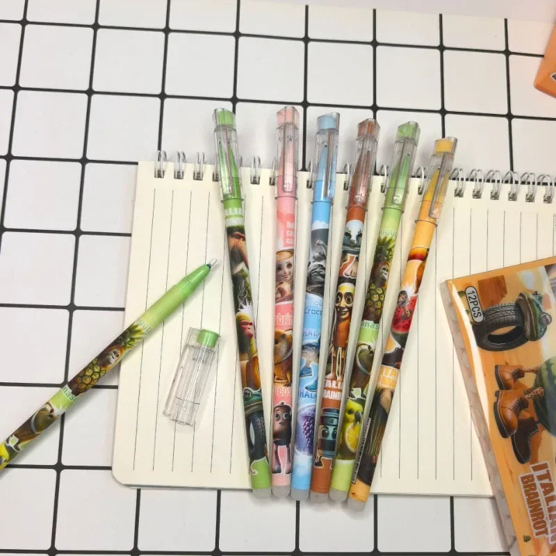 12pcs Tung Tung Sahur Italian Brainrot Wooden Stick Gel Pen Cartoon Signature Pen Individually Packaged Student Stationery Gift