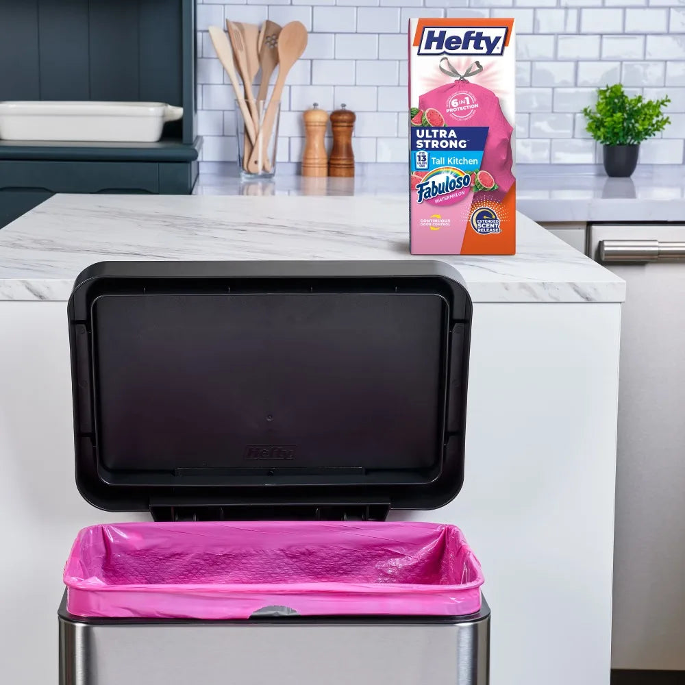 Ultra‑Strong Pink 13 Gallon Tall Kitchen Garbage Bags, Fabuloso Watermelon Fragrance, Heavy‑Duty Scented Trash Bags for Home Kitchen Use, 20 Bags