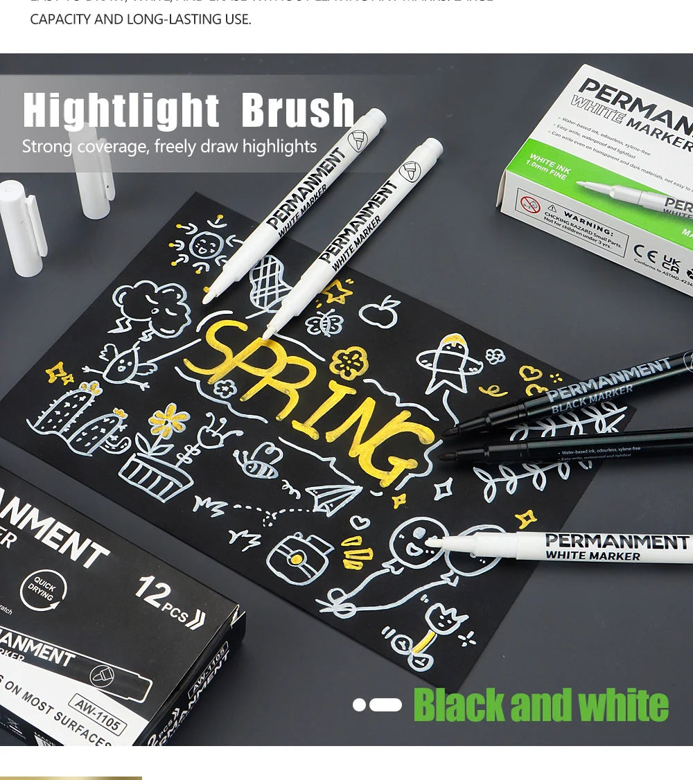 3/6/12 Pcs Waterproof Marker Pen White Black Inks  2mm Tip For Rock Painting Stone Ceramic Glass Wood Tire Fabric Metal Canvas
