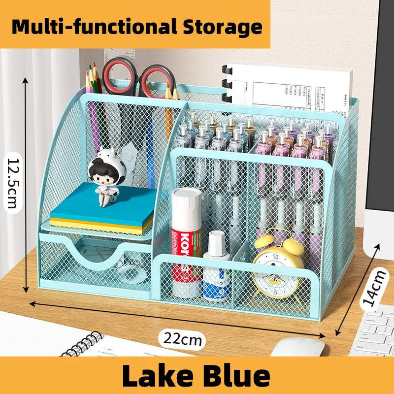 7 Compartment Metal Mesh Desktop Organizer with Drawer Pen Pencil Holder Stationery Storage for Home Office School Students Dorm
