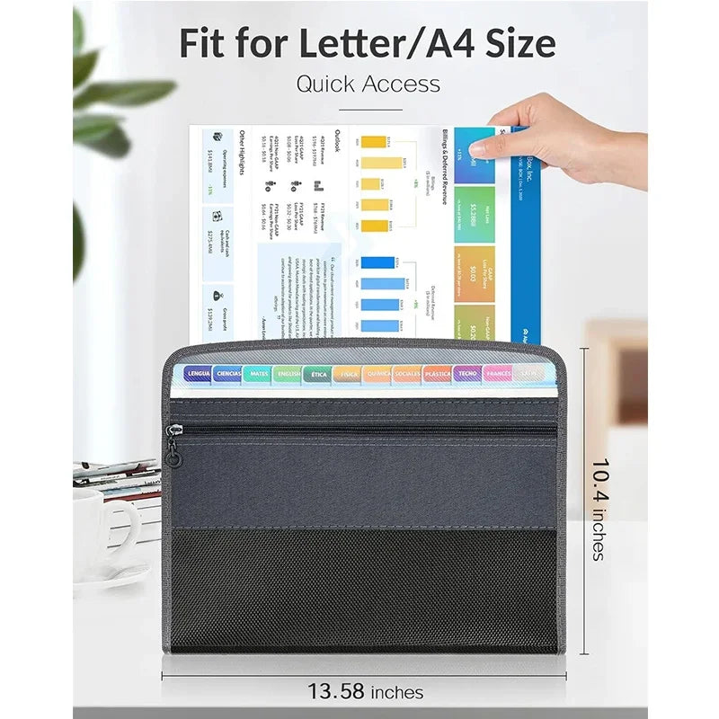 Accordion File Organizer with Safe Zipper, 13 Pocket Expanding File Folder with Front Pencil Pouch,  School Office Supplies
