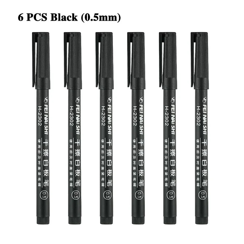 6 Pcs Erasable Whiteboard Pen 0.5/1.0mm Fine Point Black/Blue/Red Ink Blackboard Marker School Office Art Writing Stationery