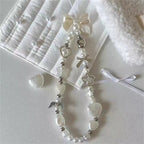Beaded Phone Chain Charm Lanyard for iPhone Samsung, Cute Baroque White Bow, Flower Charm, Universal Accessories Jewelry Pendant