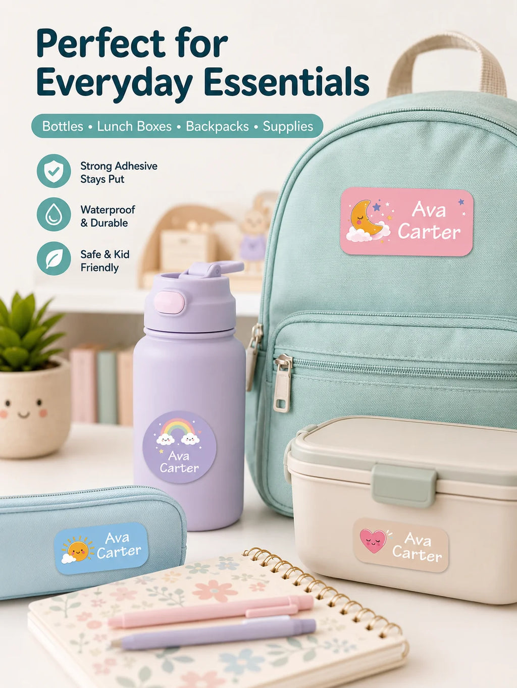 1pc 140 PCS Custom Name Labels, Personalized Cute Daydream Stickers for Bottles, Bags, Lunch Boxes, Clothes & Supplies