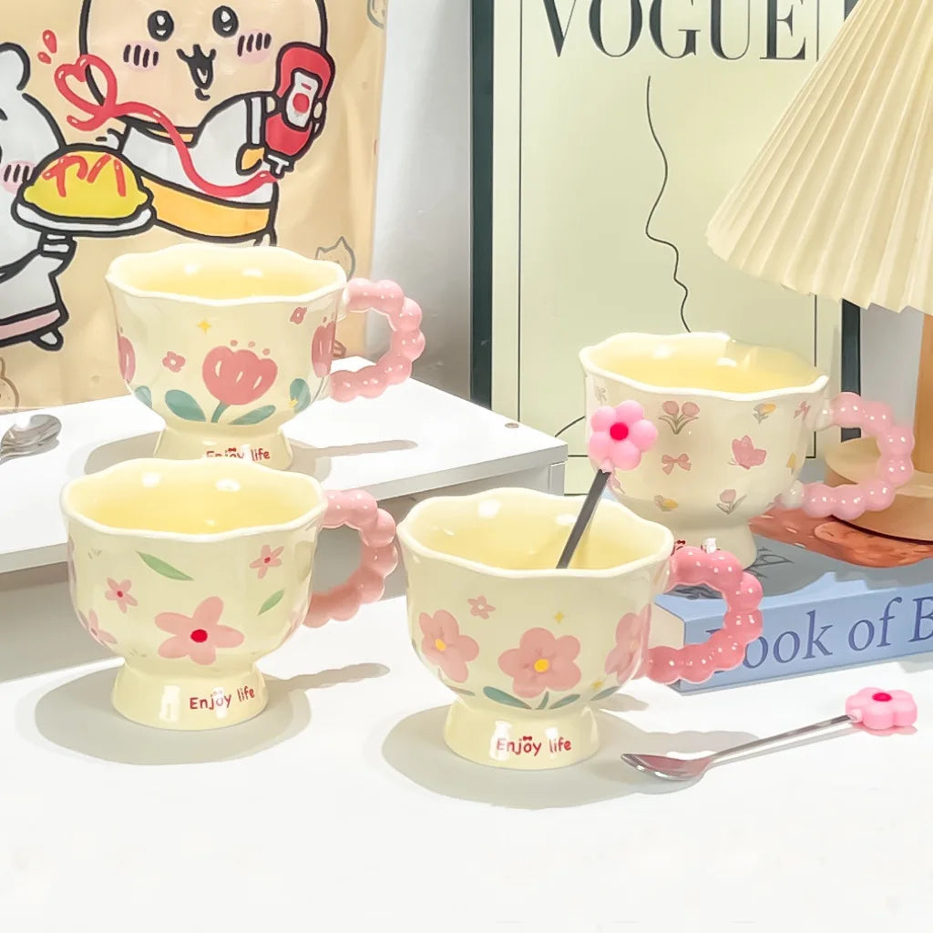 Girls Birthday Gift Souvenir Coffee Cup Mugs Coffee Cups Creative Flower Mug Household Ceramic Cup High Value Water Cup