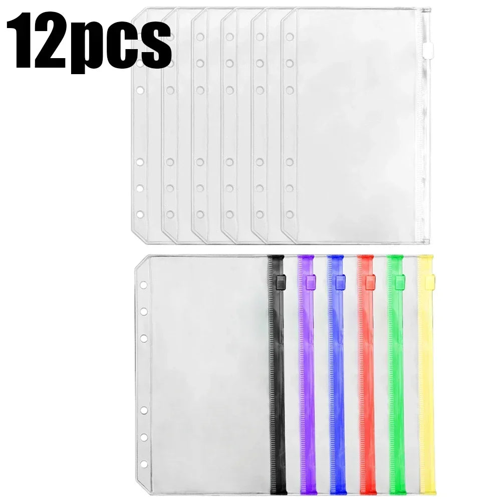 2/6/12Pcs Waterproof A6 6-Hole Binder Pockets Waterproof PVC Cash Budget Envelopes Zipper Binder Pouches for Notebook Planner