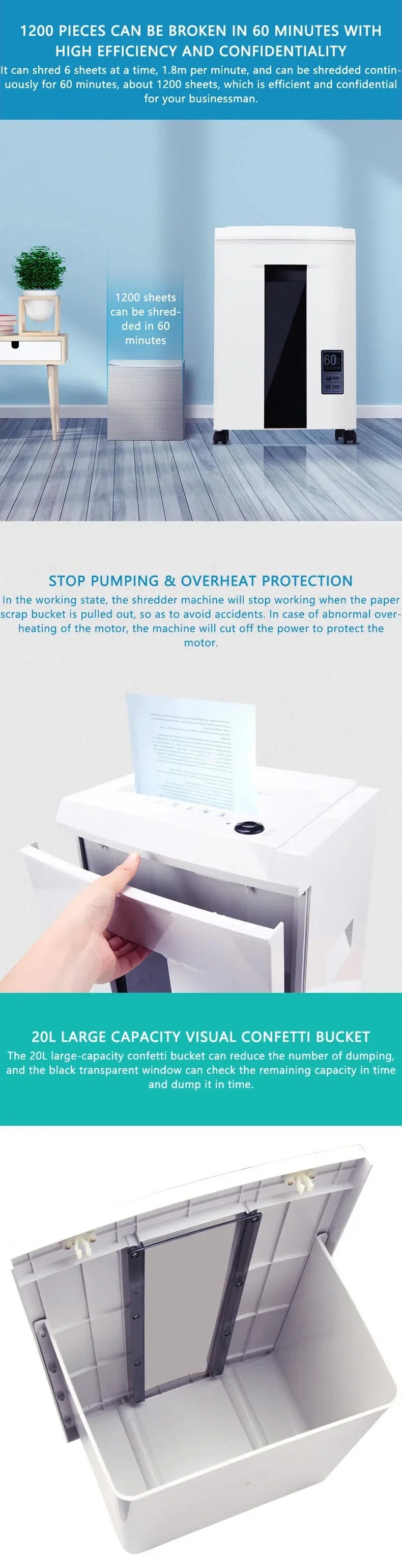 Hot Sale 20L Electric Shredder 2*12mm High Power 5 Level Secret Continuous 40 Minutes Work Office Home Paper Grinder Crusher Des
