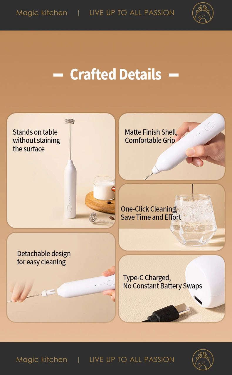 OANKR Rechargeable Milk Frother Handheld Coffee Electric Whisk Drink Foam Mixer Mini Hand Stirrer with 3 Speeds Adjustable Tool