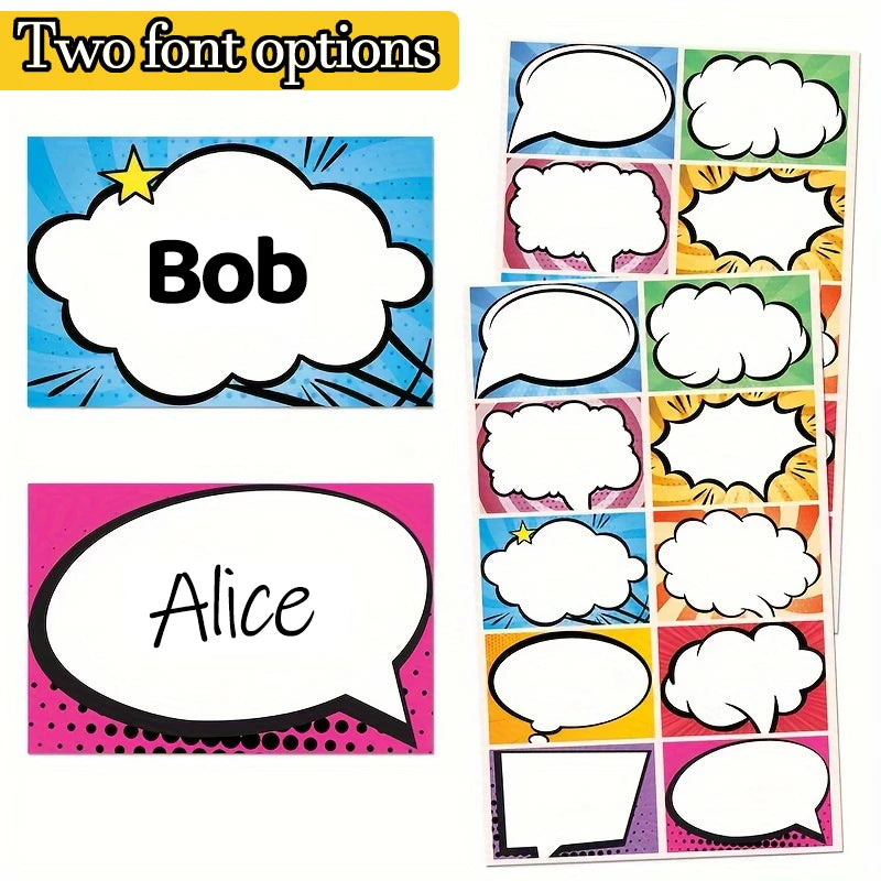 40pcs Custom Name Stickers Comic Style Labels Two Font Options Waterproof Durable Tags for School Supplies Books Bottles
