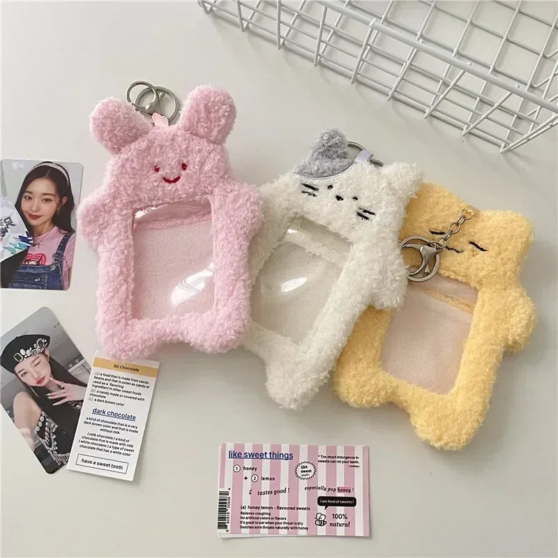 ID Card Holder Keychains kawaii Cartoon Plush Photocard Holder Korean Desk Accessories Kpop Stationery Idol Display Stand