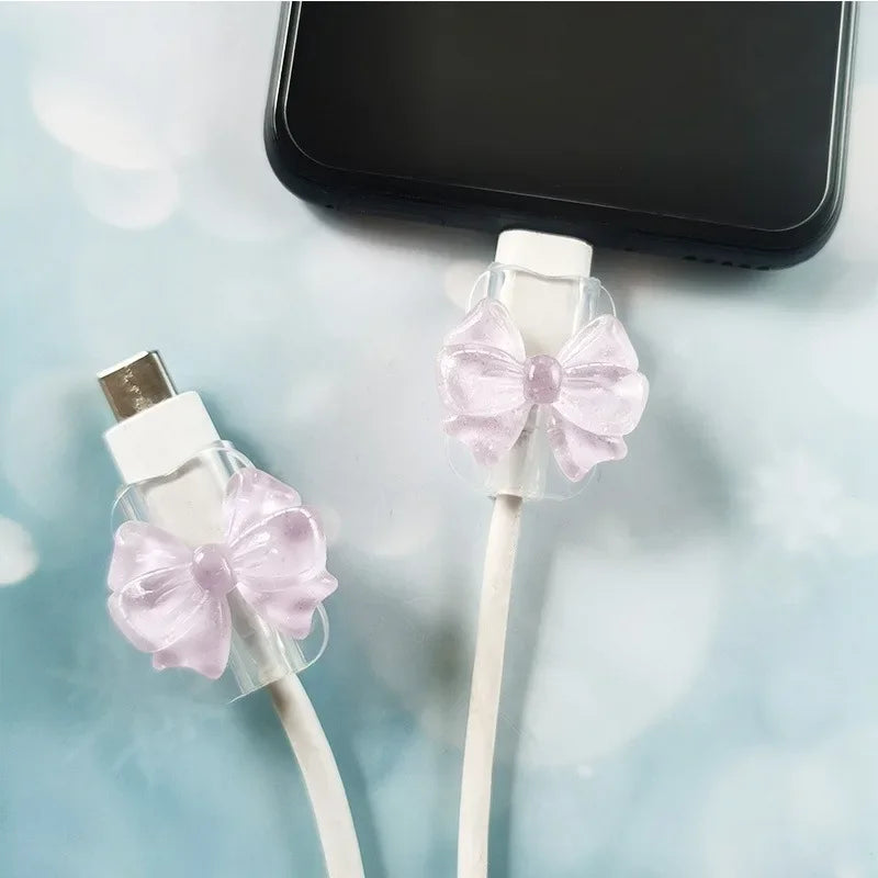 2Pcs Lovely Pink Bow Silicone Charger Cable Protector Sleeve Cable Holder Clip Anti-break Transparent Cord Cover Wrap