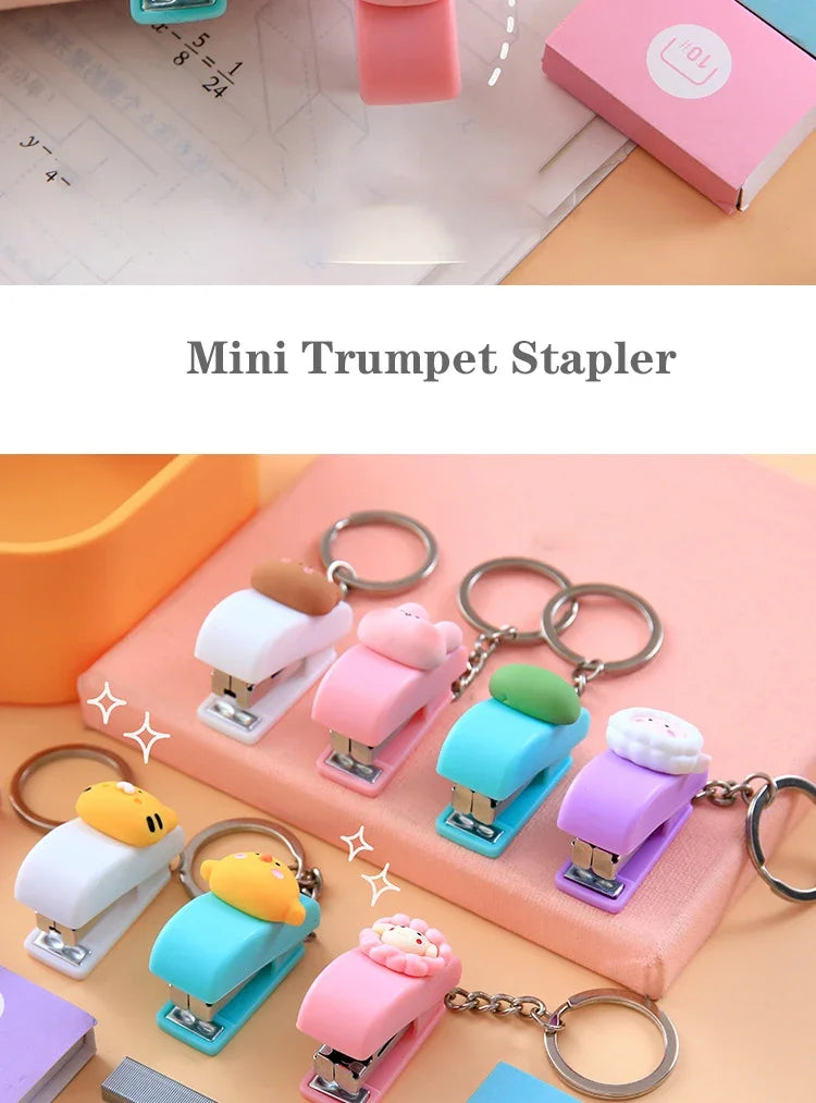 1-3sets Portable Cartoon Animal Mini Trumpet Stapler Paper Binder Stationery Staples Office Binding Tool School Kawaii Supplies