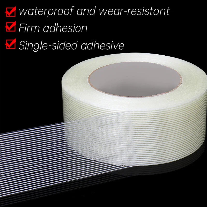50M Striped Fiber Tape Lithium Battery Pack Insulation Wrap Fiberglass Transparent Single Side Adhesive Seal Packaging Fixed