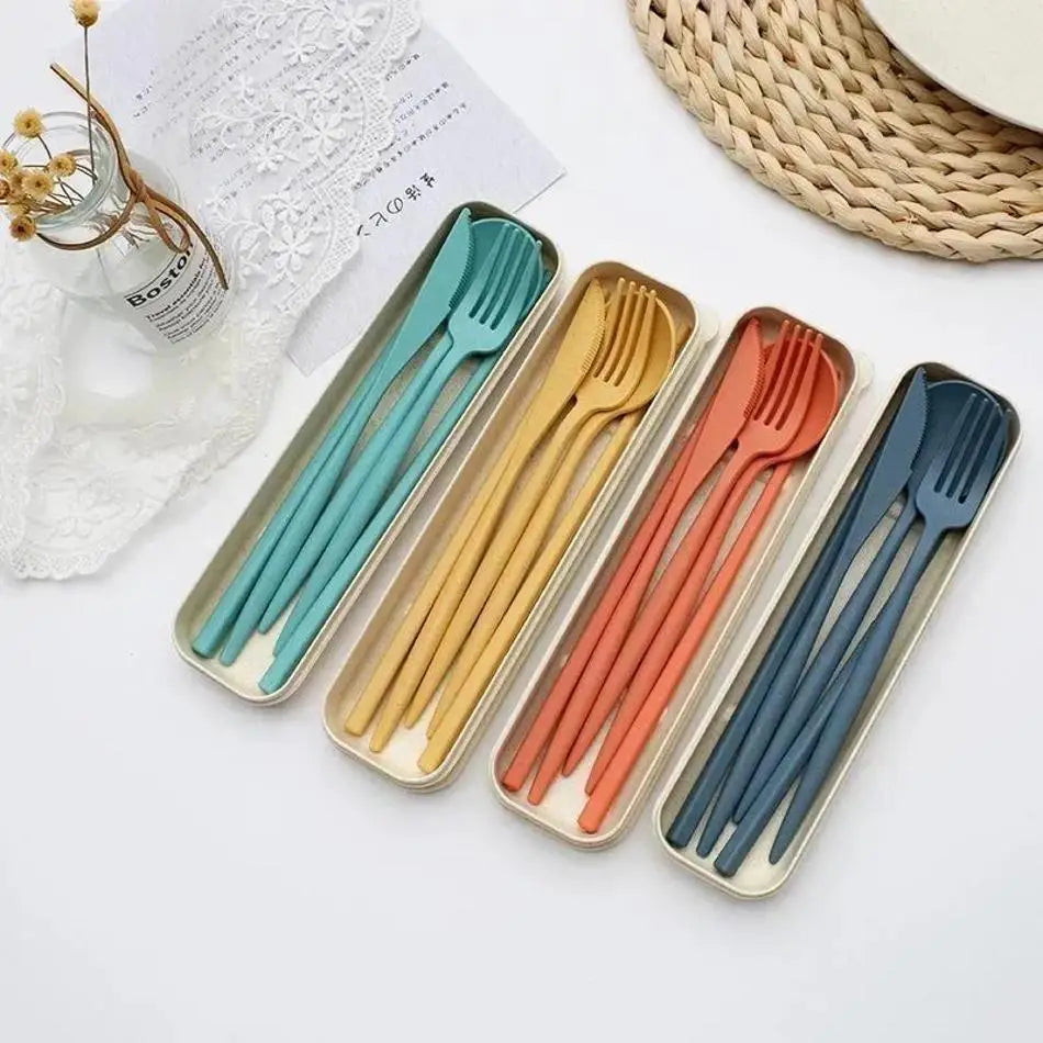 4 Pcs/Set Cutlery Wheat Straw Spoon Fork Chopsticks Box Tableware Portable Dinnerware Accessories Household Fashion Tableware