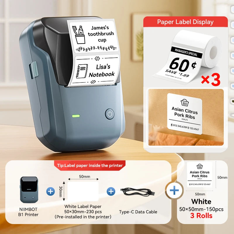 Portable Niimbot B1 Wireless Label Maker Adhesive Sticker Printer Labeling Machine DIY 20-50mm Labels for Office Home