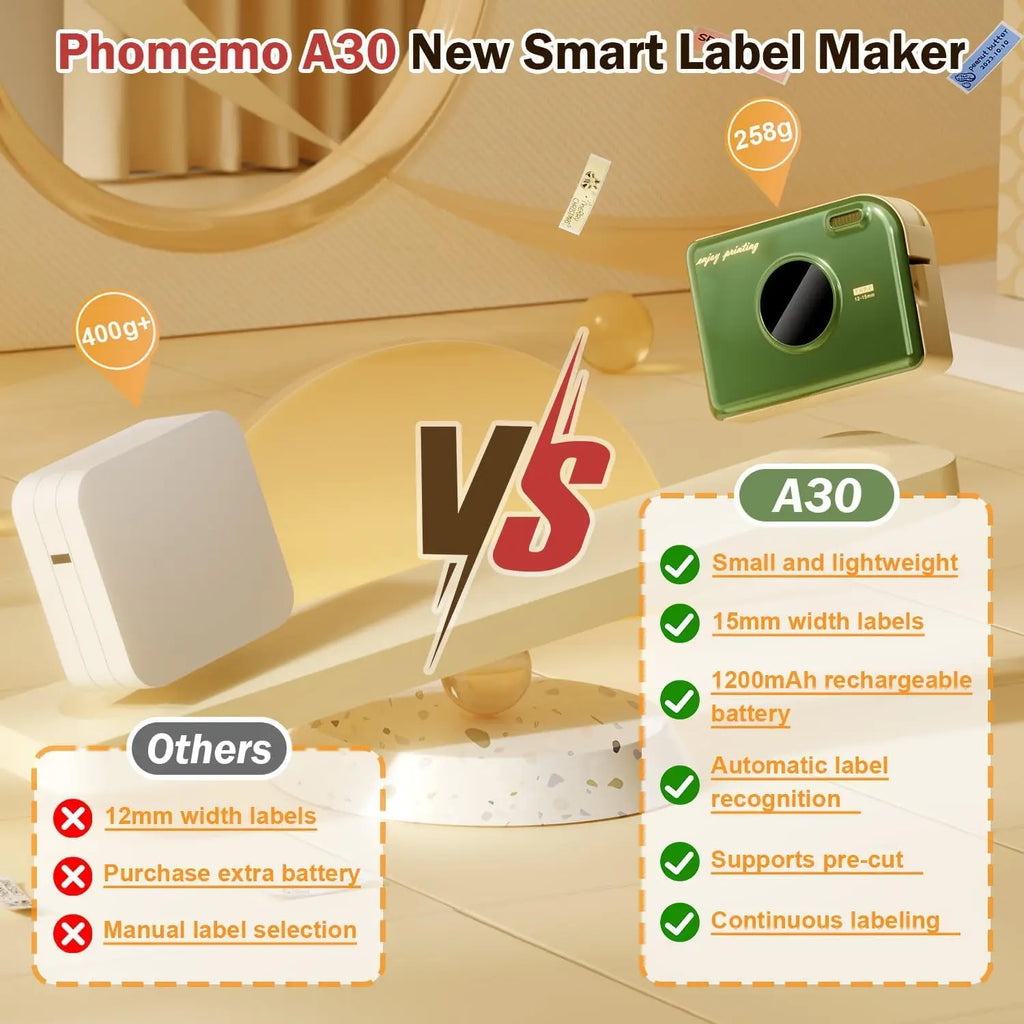 Phomemo A30Label Maker Wireless Mini Thermal Printer Portable Adhesive Sticker Barcode Labeling Machine for Home School Office