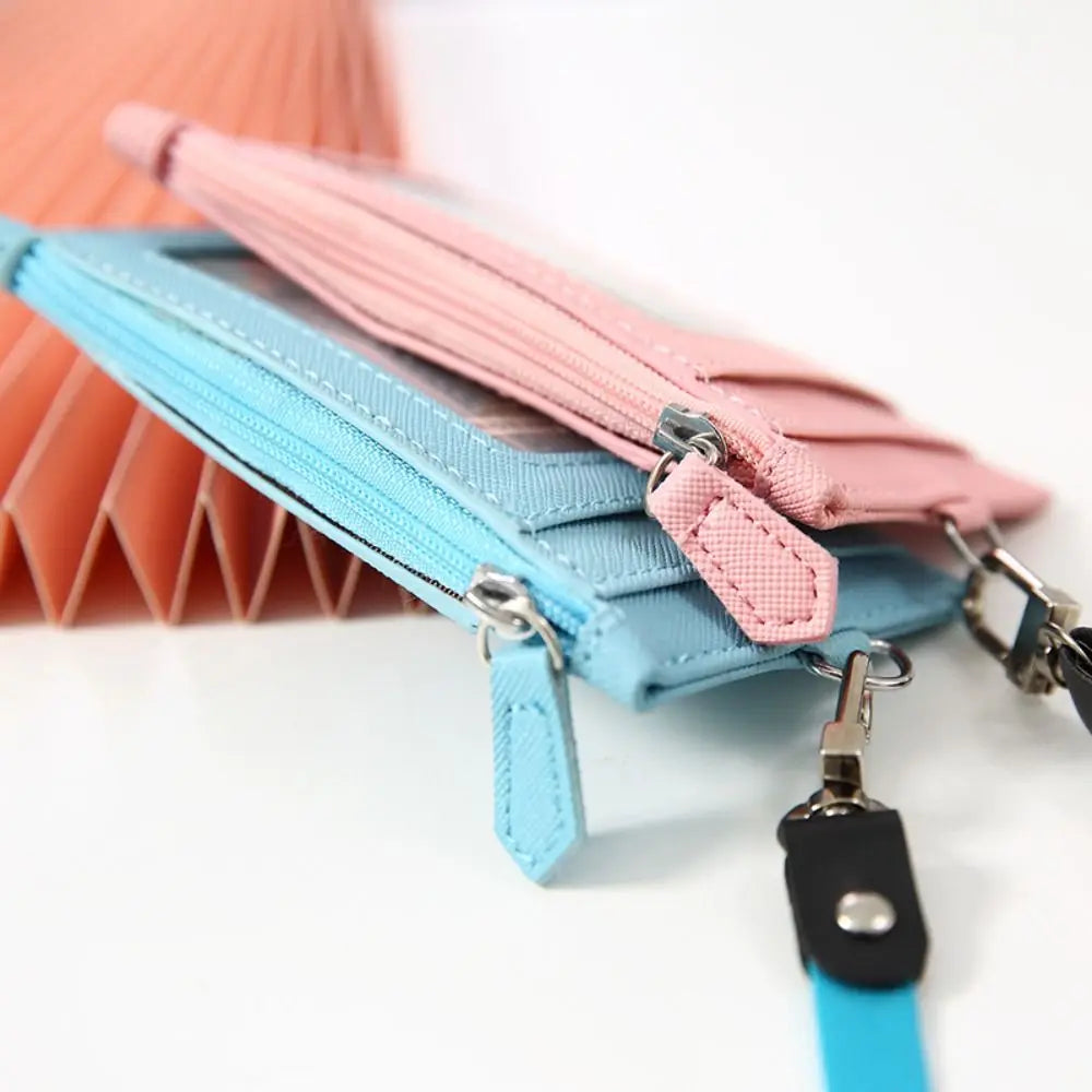 Portable PU Leather Card Bag Holder with Neck Lanyard Student Card Bag Coin Purse Card Case Zipper Bag Office Casual Supplies