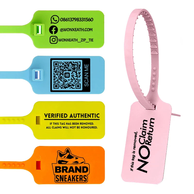 100Pcs Custom Logo Plastic Security Seals Zip Tie Hang Tags Personalized Brand Labels for Garment Sneaker Shoes 300mm 11.8"