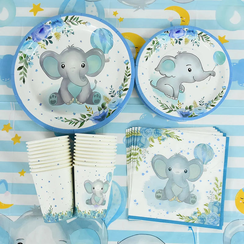 Cartoon Baby Elephant Disposable Tableware Set Paper Plate Cup Napkin Kids Boys Birthday Party Decoration Baby Shower Supplies