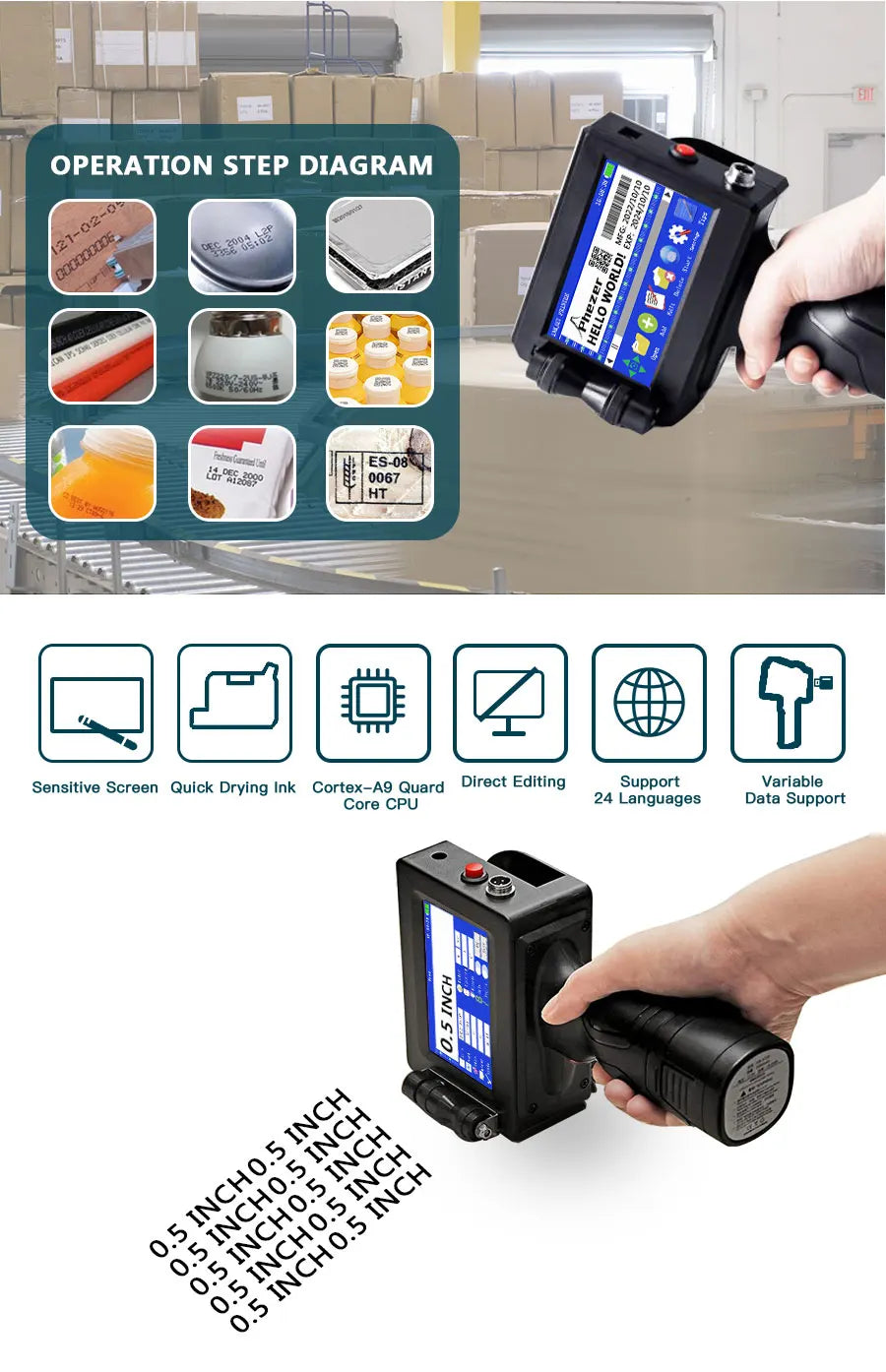 Phezer P15 Handheld Inkjet Printer 12.7/25.4mm Portable Label Printer Expiry Date Batch Code Logo QR Barcode 28 Languages