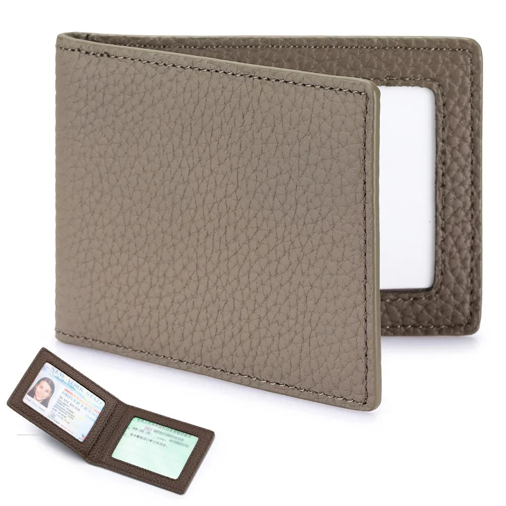 Thin Minimalist Bifold Design Driver's Licence Cover Genuine Leather ID Badge Window Slot Credit and Debit Vaccinum Cards Holder