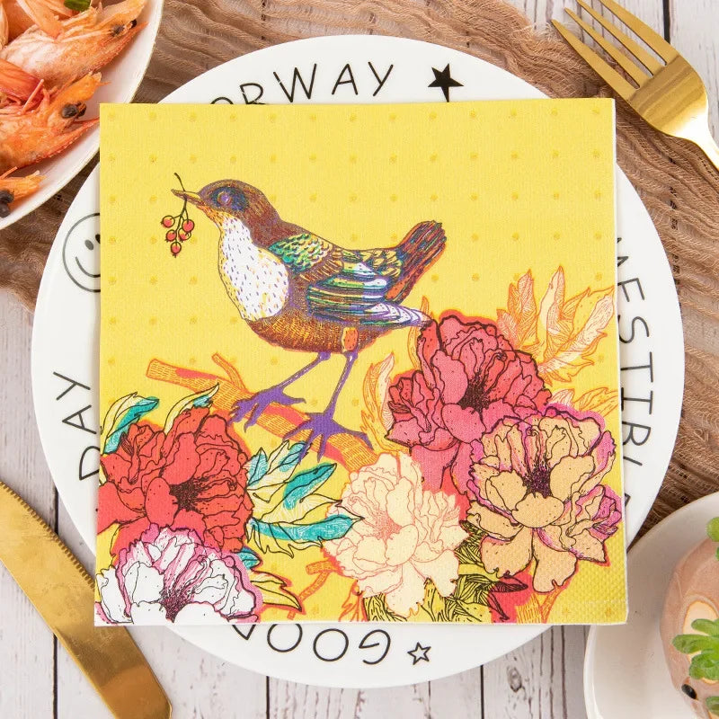 20pcs/Pac Flower and Bird Series Printed Napkins Native Wood Pulp 2-Ply Colorful Paper Napkins Kitchen Table Holiday Decoration