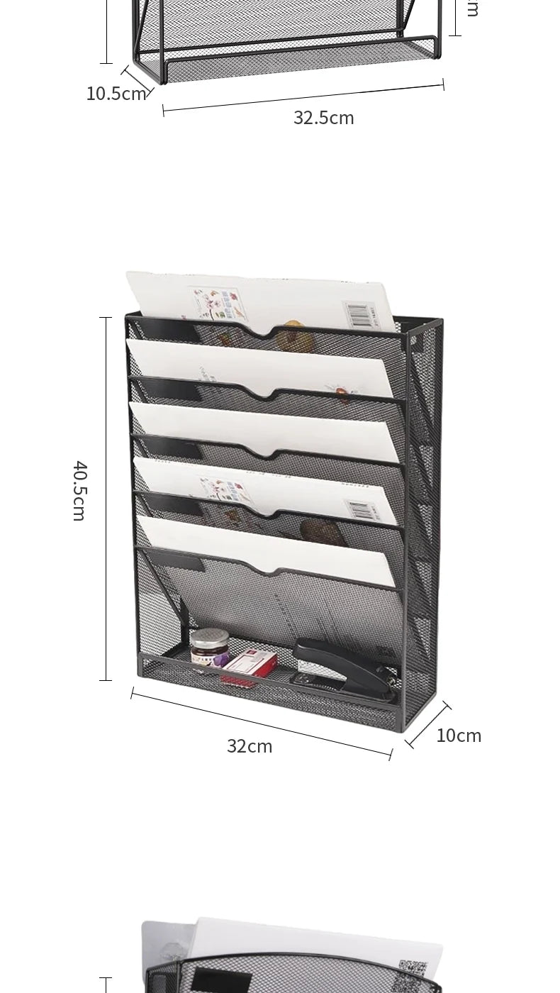 Desk File Organizer Mesh 5-Tier, Hanging Wall Mount Document Organization Stand, Desktop Vertical Mail Paper Folder Holder Rack