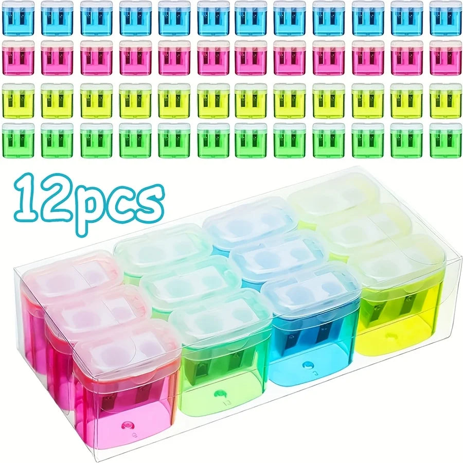 12pcs Pencil Sharpener, Large Barrel with Transparent Lid, Double Barrel with Lid Plastic Pencil Sharpener