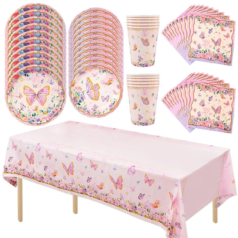 Butterfly Disposable Tableware Set Paper Plate Cup Napkins Pink Butterfly Birthday Party Decoration Baby Shower Wedding Supplies