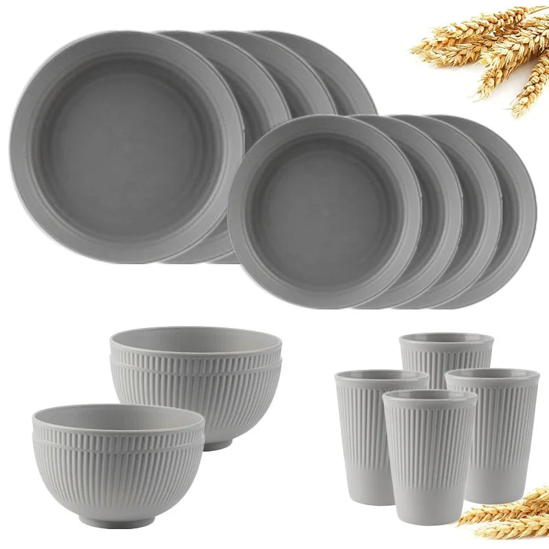 4/16Pcs Wheat Straw Tableware Set Eco Friendly Unbreakable Dinnerware Kitchen Cutlery Kids Dishes Eating Cutlery Camping