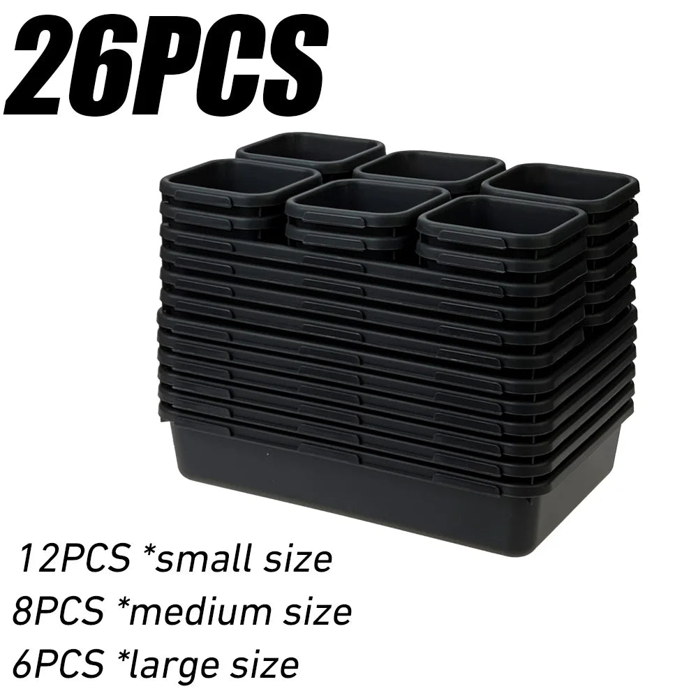 32PCS Desk Drawer Organizers 3 Size Plastic Interlocking Shallow Tool Organizer Tray Dividers Separators Storage Bins Container